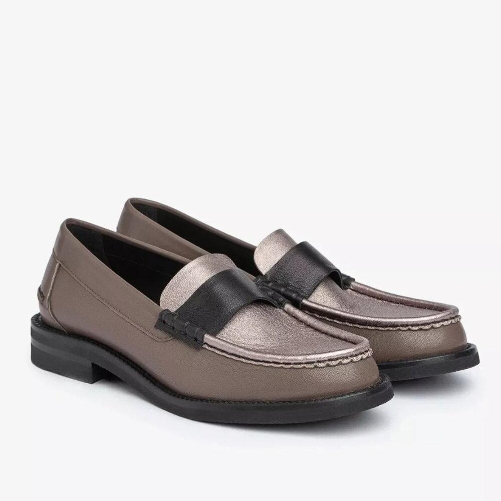 $750 PEDRO GARCIA STINA CLASSIC PENNY LOAFER FOSSIL METALLIC BLACK 41 (DB27)